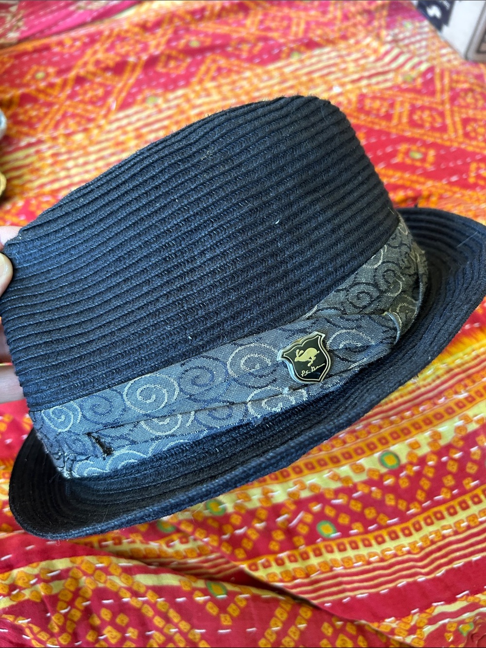 Peter Grimm Black Woven Polyester Fedora with Rabbit Crest Size S/M